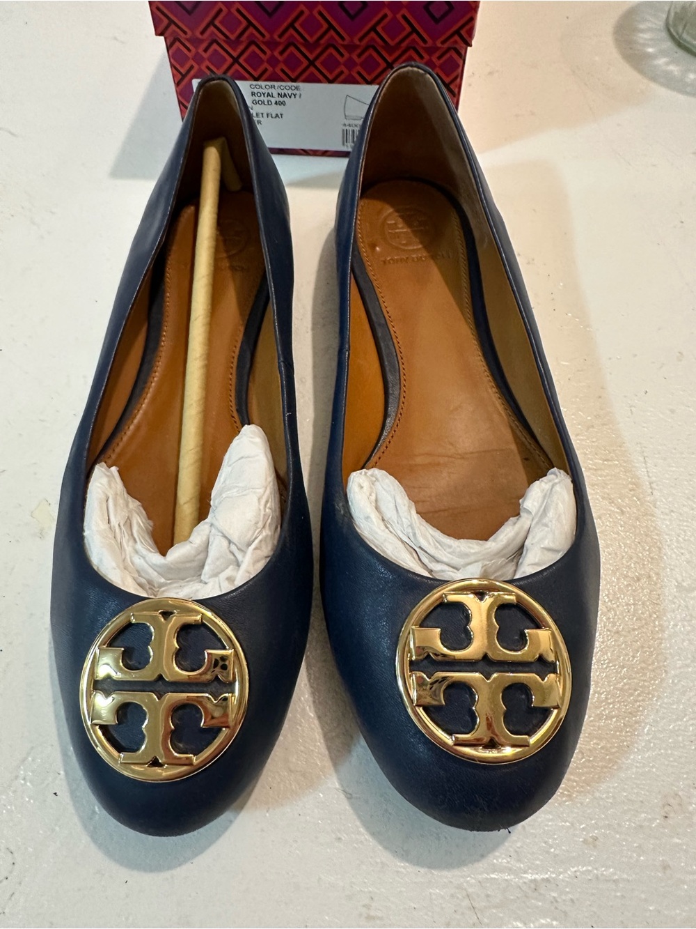 Tory Burch Chelsea Ballet Flat in Royal Navy with Gold Logo Medallion